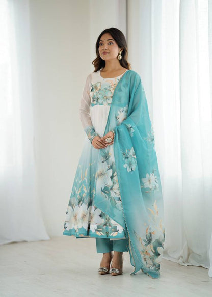 Aqua Blue Organja Silk Flower Position Print Outing Work Salwar Suit