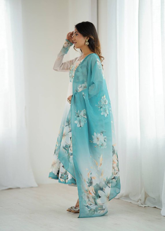 Aqua Blue Organja Silk Flower Position Print Outing Work Salwar Suit