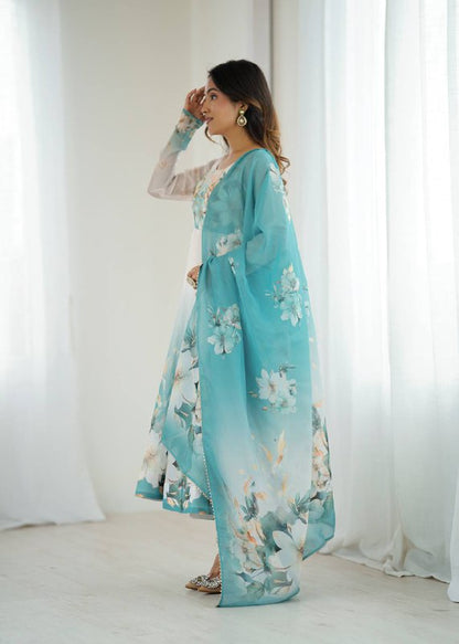 Aqua Blue Organja Silk Flower Position Print Outing Work Salwar Suit