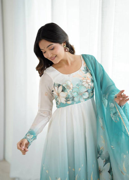Aqua Blue Organja Silk Flower Position Print Outing Work Salwar Suit