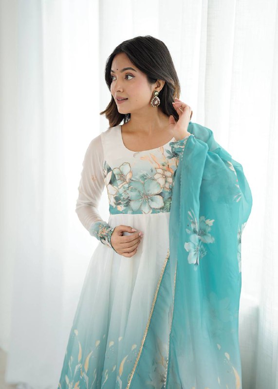 Aqua Blue Organja Silk Flower Position Print Outing Work Salwar Suit