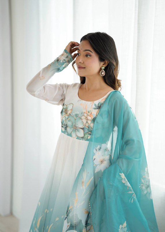Aqua Blue Organja Silk Flower Position Print Outing Work Salwar Suit