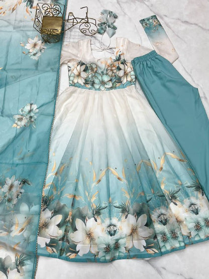 Aqua Blue Organja Silk Flower Position Print Outing Work Salwar Suit