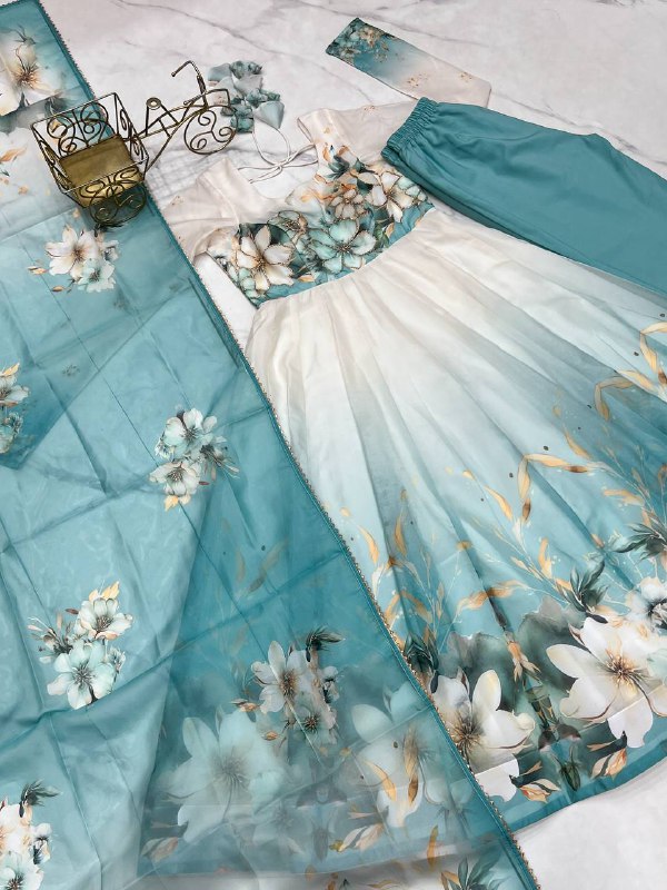 Aqua Blue Organja Silk Flower Position Print Outing Work Salwar Suit