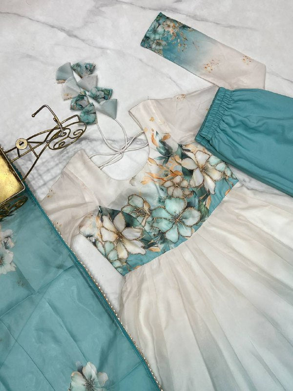 Aqua Blue Organja Silk Flower Position Print Outing Work Salwar Suit