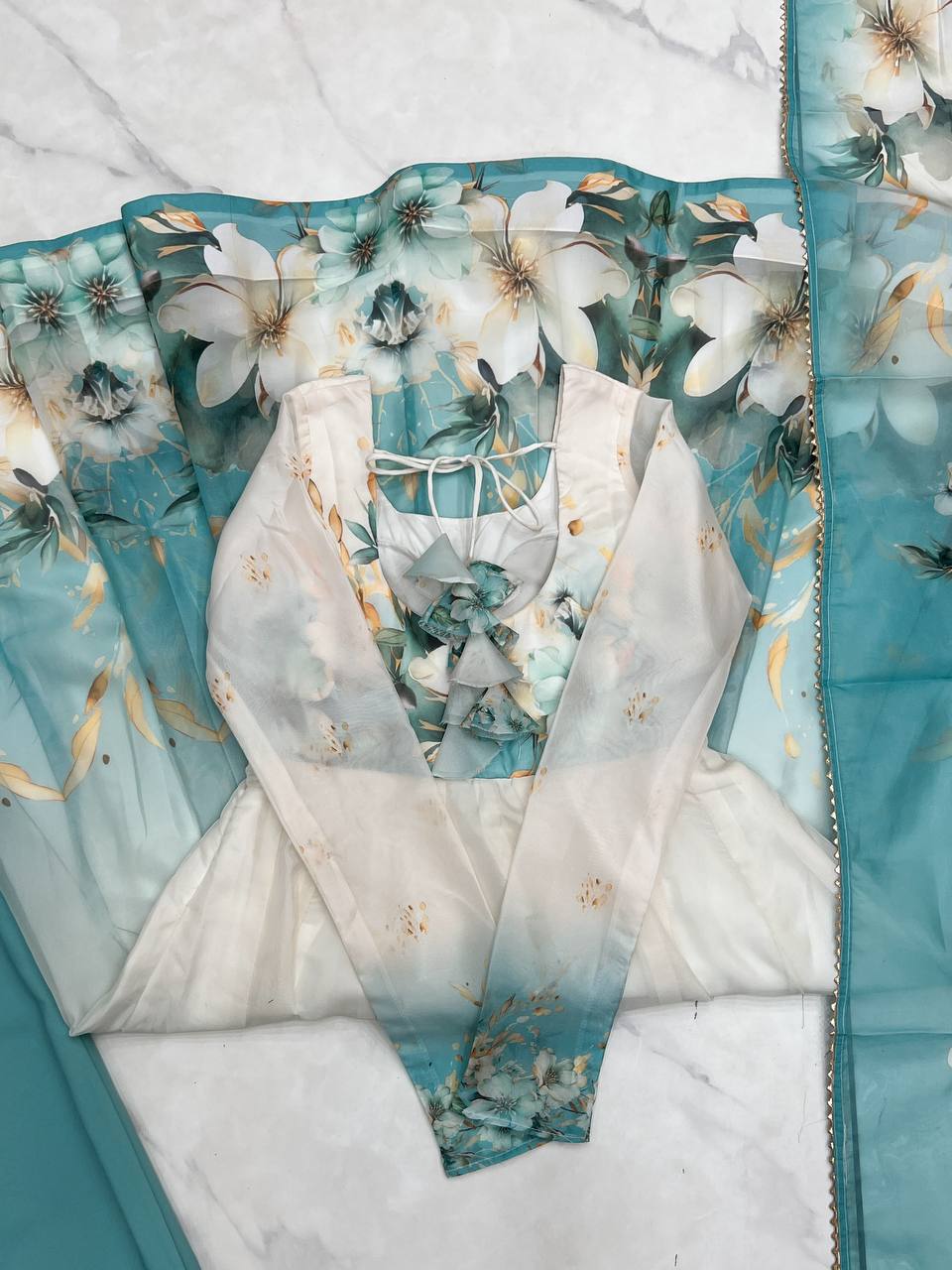 Aqua Blue Organja Silk Flower Position Print Outing Work Salwar Suit
