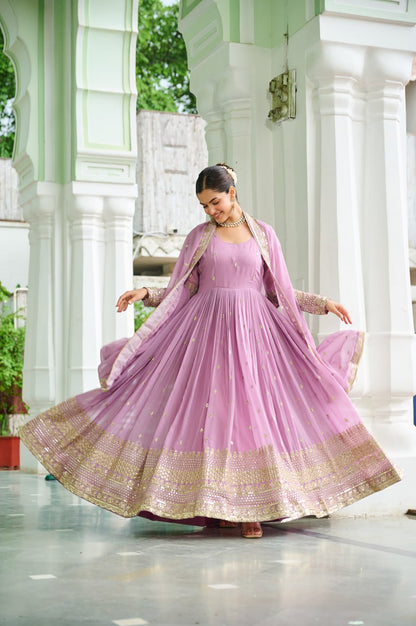 Lavender Georgette With Embroidered Work Gown