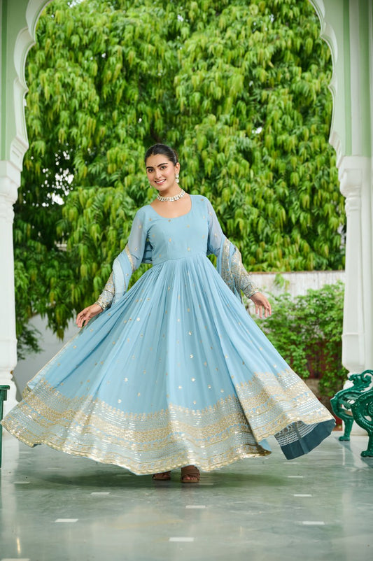 Sky Georgette With Embroidered Work Gown