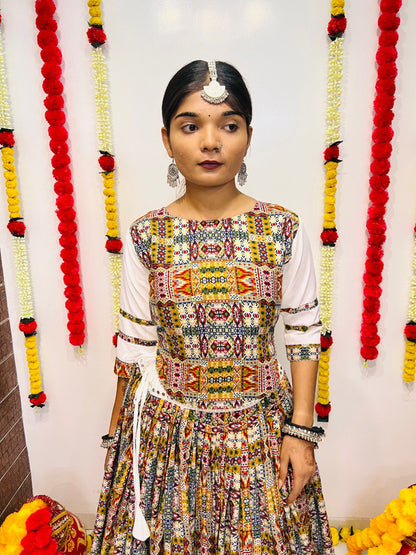 White Pure Reyon Silk Printed With Mirror Lace Work Navratri Lehenga Choli