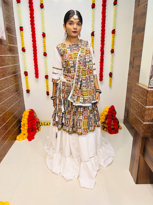 White Pure Reyon Silk Printed With Mirror Lace Work Navratri Lehenga Choli