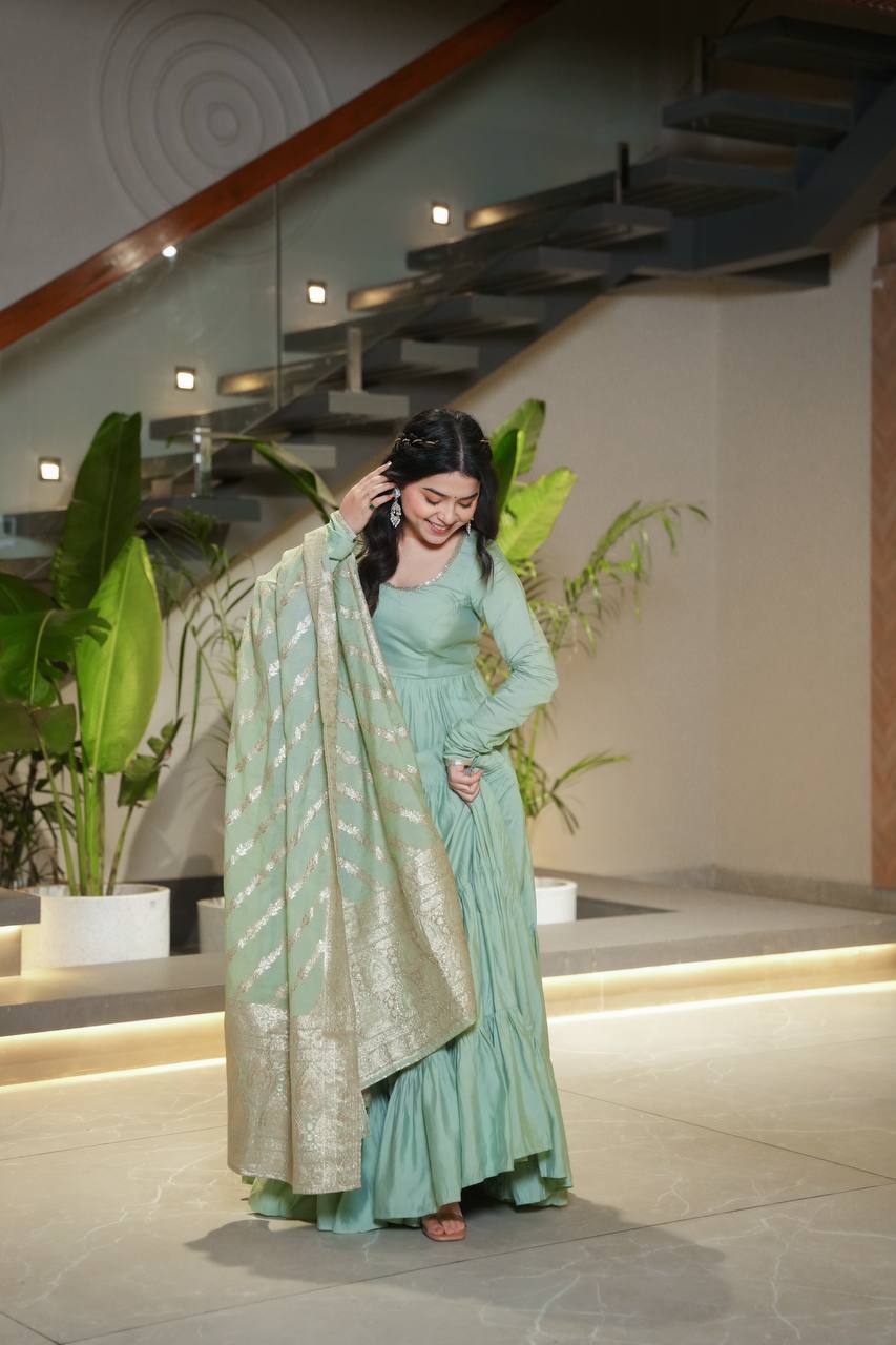 Pista Chanderi Silk Full Churidar Sleeves Lace Work Anarkali Salwar Suit