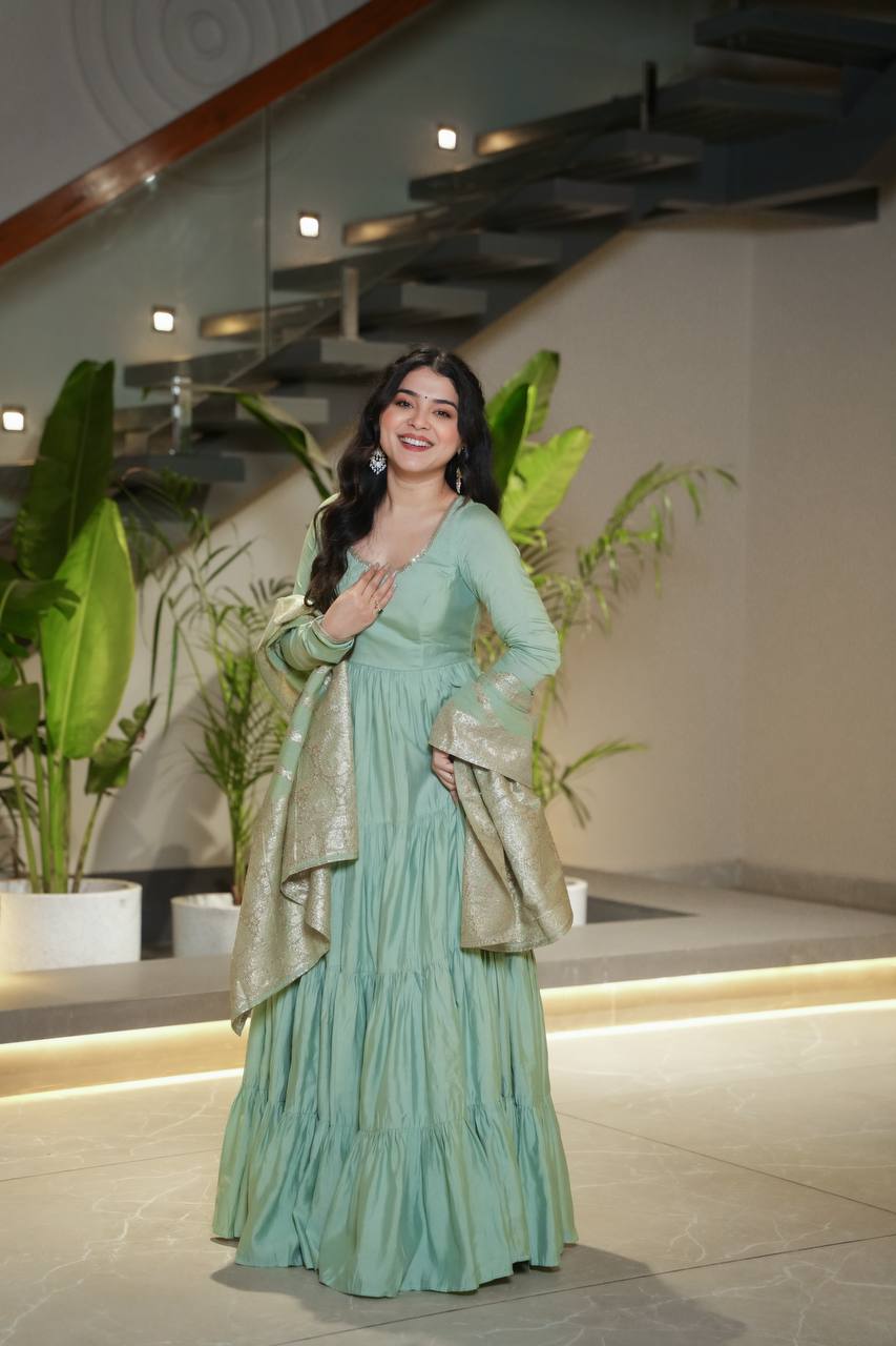 Pista Chanderi Silk Full Churidar Sleeves Lace Work Anarkali Salwar Suit