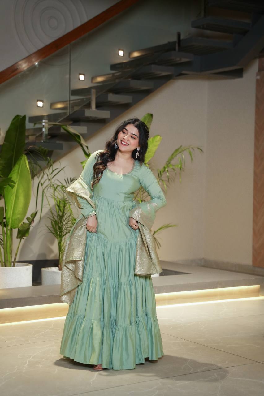 Pista Chanderi Silk Full Churidar Sleeves Lace Work Anarkali Salwar Suit