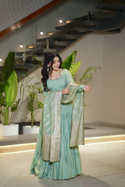 Pista Chanderi Silk Full Churidar Sleeves Lace Work Anarkali Salwar Suit