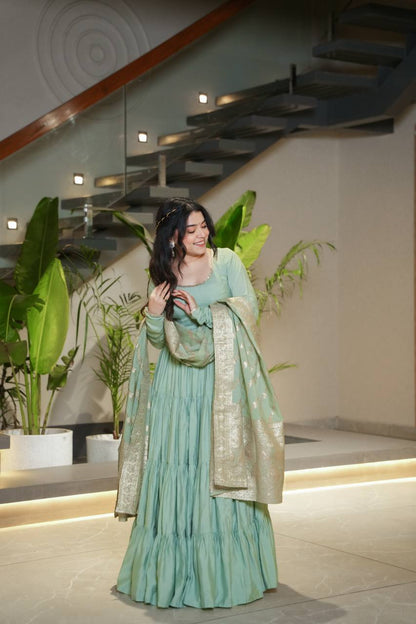 Pista Chanderi Silk Full Churidar Sleeves Lace Work Anarkali Salwar Suit