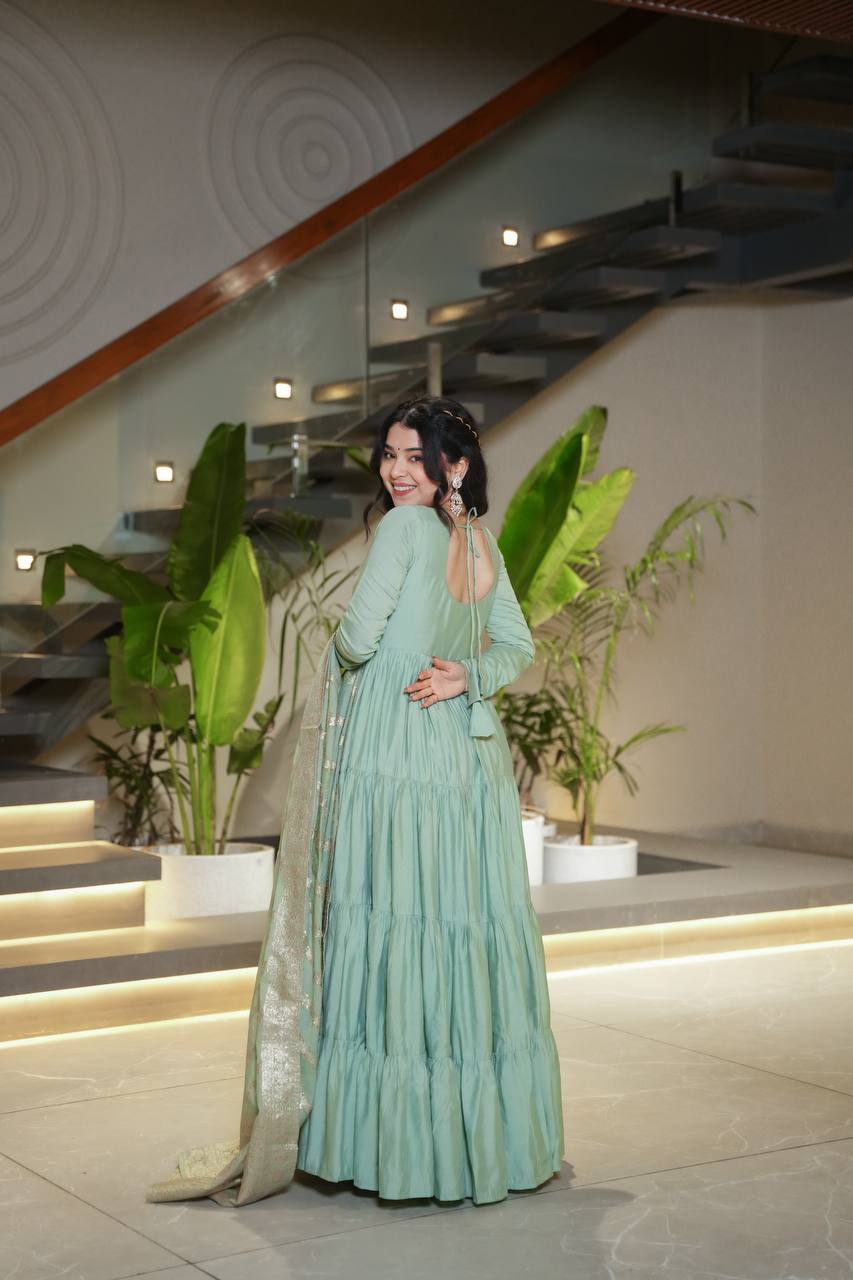 Pista Chanderi Silk Full Churidar Sleeves Lace Work Anarkali Salwar Suit