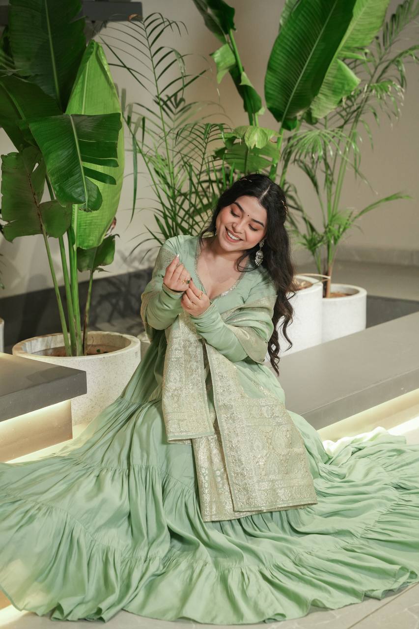 Pista Chanderi Silk Full Churidar Sleeves Lace Work Anarkali Salwar Suit