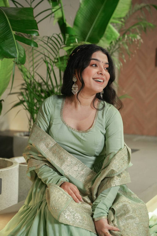 Pista Chanderi Silk Full Churidar Sleeves Lace Work Anarkali Salwar Suit