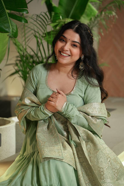 Pista Chanderi Silk Full Churidar Sleeves Lace Work Anarkali Salwar Suit