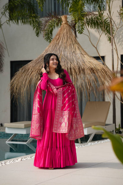 Pink Chanderi Silk Full Churidar Sleeves Lace Work Anarkali Salwar Suit