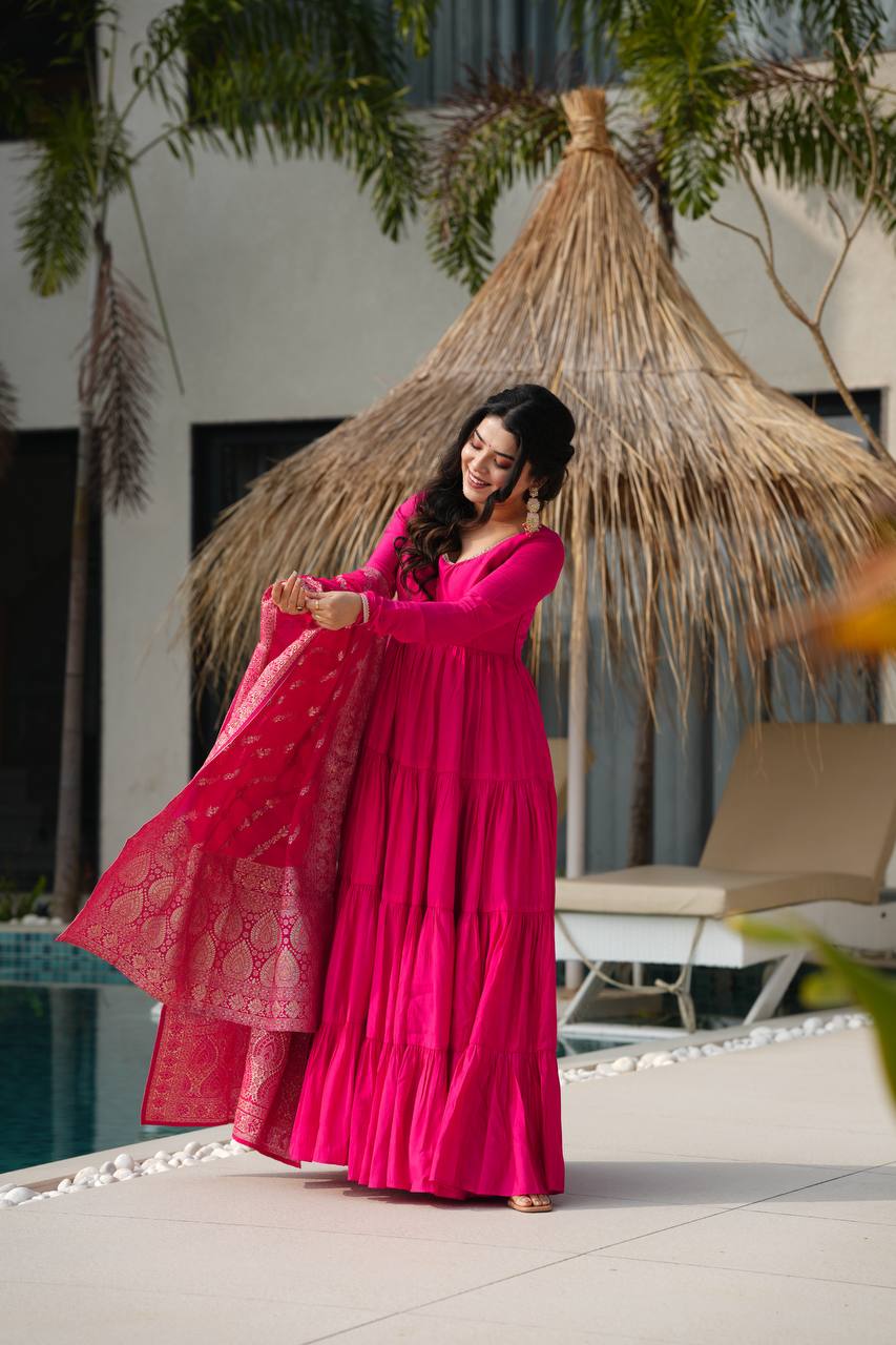 Pink Chanderi Silk Full Churidar Sleeves Lace Work Anarkali Salwar Suit