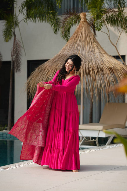 Pink Chanderi Silk Full Churidar Sleeves Lace Work Anarkali Salwar Suit