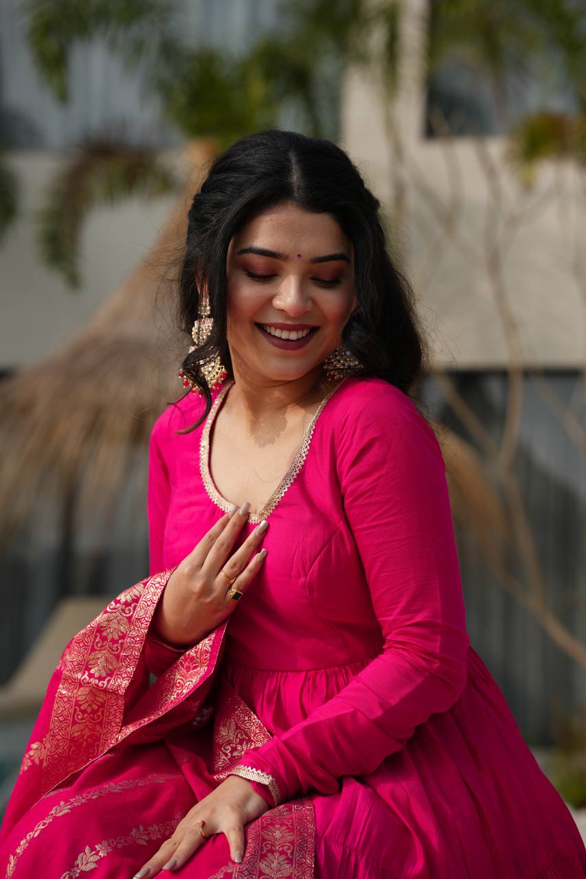 Pink Chanderi Silk Full Churidar Sleeves Lace Work Anarkali Salwar Suit