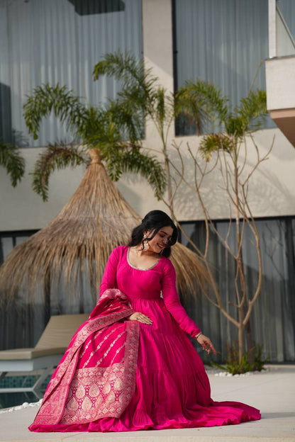 Pink Chanderi Silk Full Churidar Sleeves Lace Work Anarkali Salwar Suit