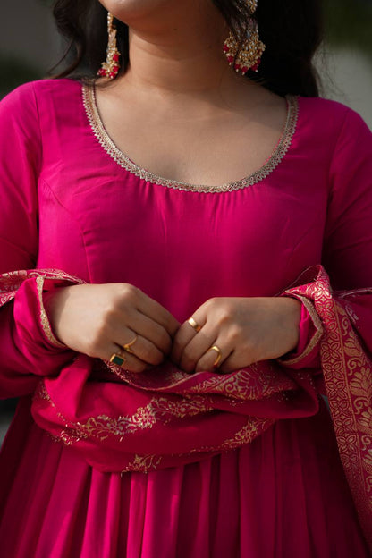 Pink Chanderi Silk Full Churidar Sleeves Lace Work Anarkali Salwar Suit