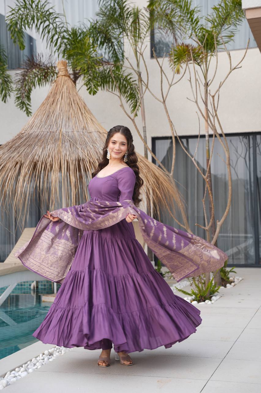 Mauve Purple Chanderi Silk Full Churidar Sleeves Lace Work Anarkali Salwar Suit