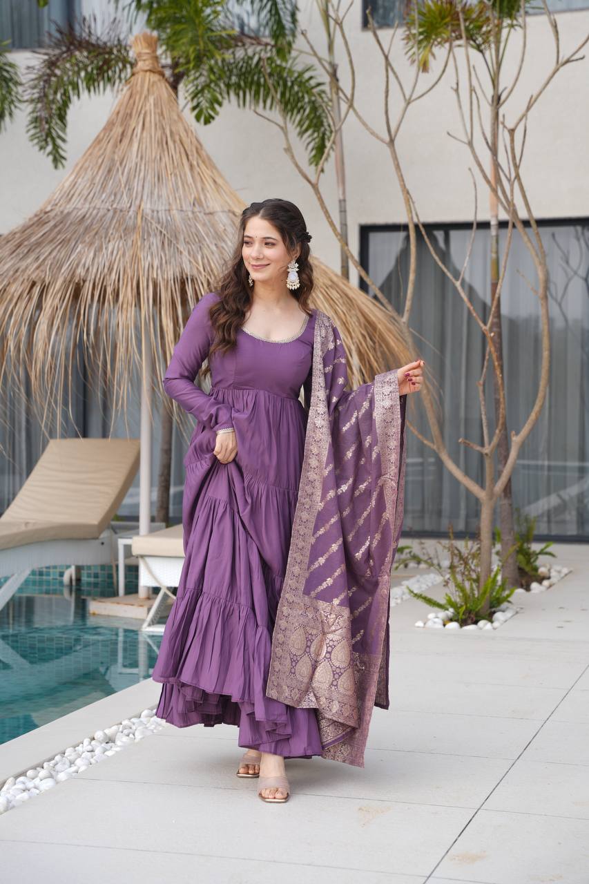 Mauve Purple Chanderi Silk Full Churidar Sleeves Lace Work Anarkali Salwar Suit
