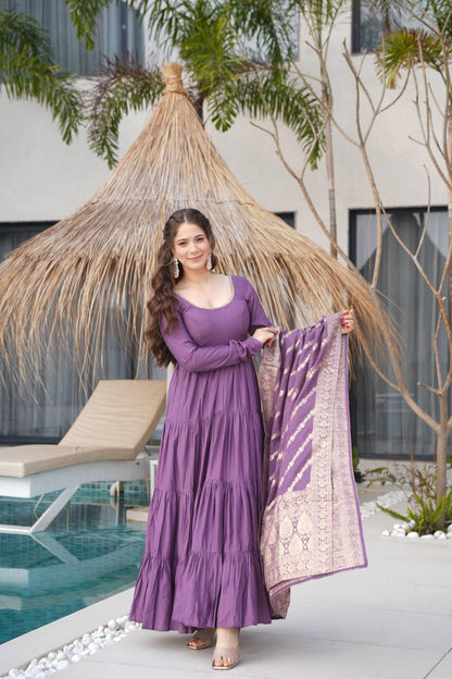 Mauve Purple Chanderi Silk Full Churidar Sleeves Lace Work Anarkali Salwar Suit