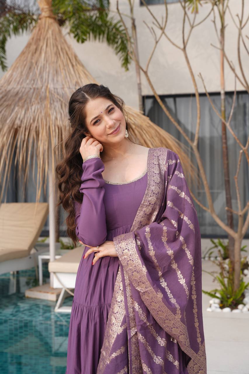 Mauve Purple Chanderi Silk Full Churidar Sleeves Lace Work Anarkali Salwar Suit