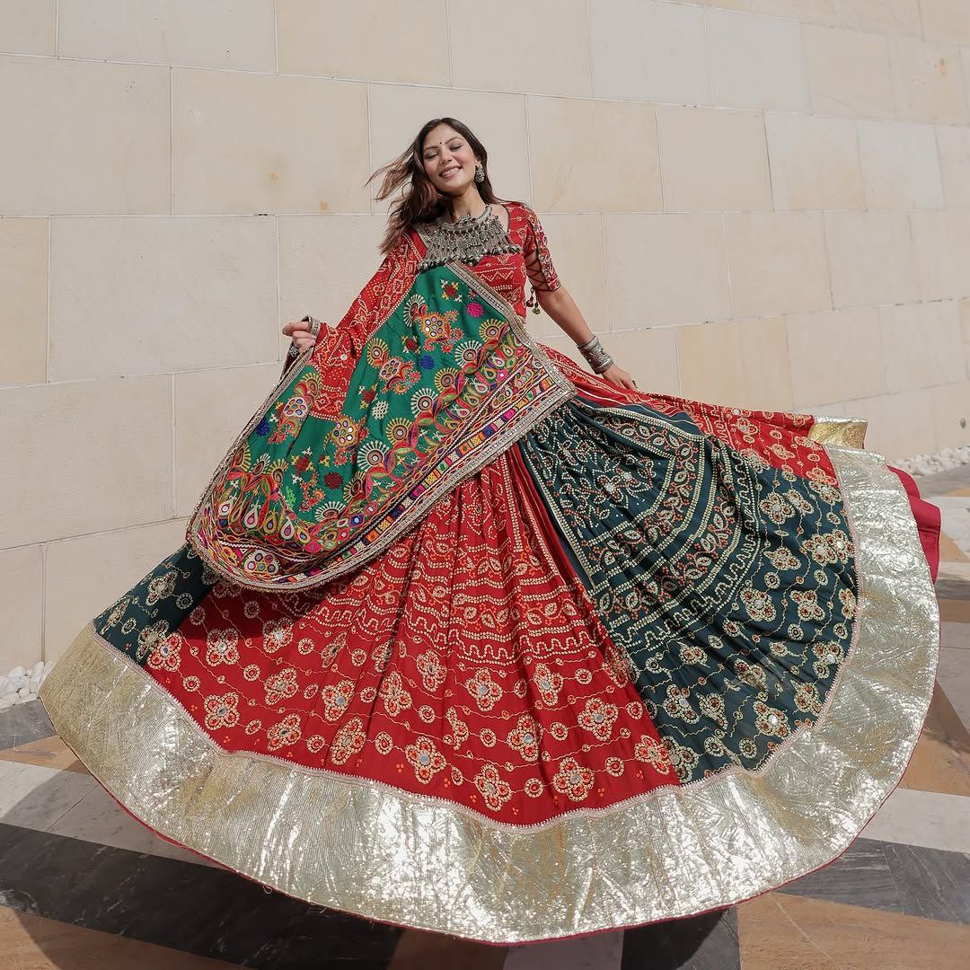 Red Multicolor Digital Print Real Mirror Work Navratri Lehenga Choli