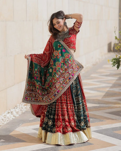 Red Multicolor Digital Print Real Mirror Work Navratri Lehenga Choli