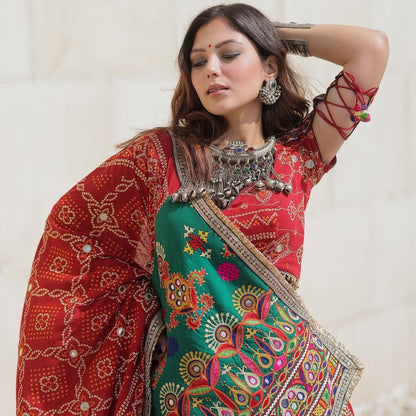 Red Multicolor Digital Print Real Mirror Work Navratri Lehenga Choli