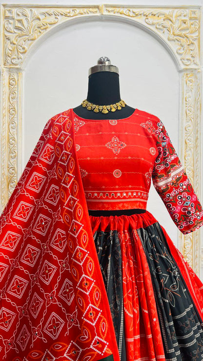 Red Multicolor Digital Print Real Mirror Work Navratri Lehenga Choli