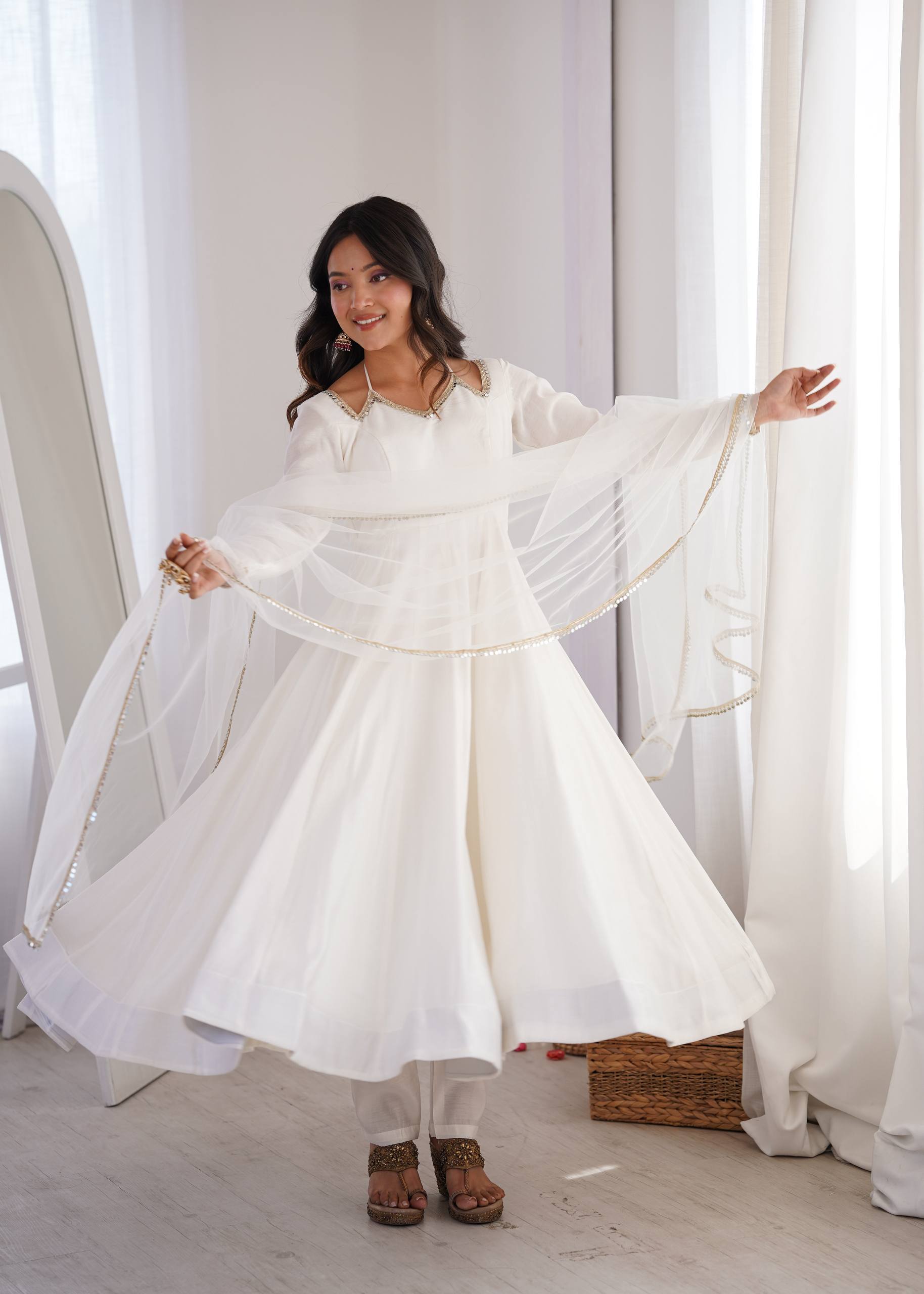 Off White Chanderi Anarkali Salwar Suit for Women