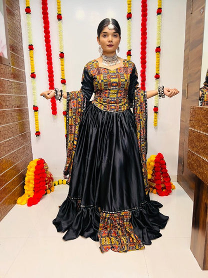 Black Pure Reyon Silk Printed With Mirror Lace Work Navratri Lehenga Choli