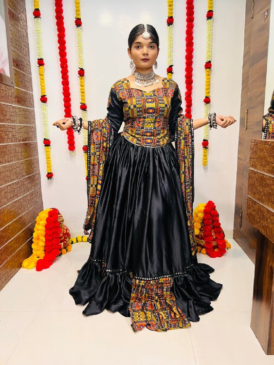 Black Pure Reyon Silk Printed With Mirror Lace Work Navratri Lehenga Choli
