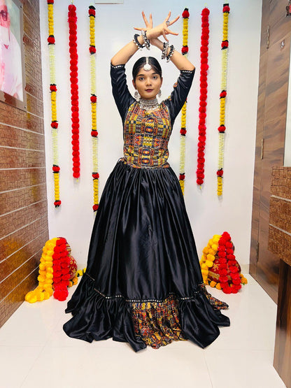 Black Pure Reyon Silk Printed With Mirror Lace Work Navratri Lehenga Choli