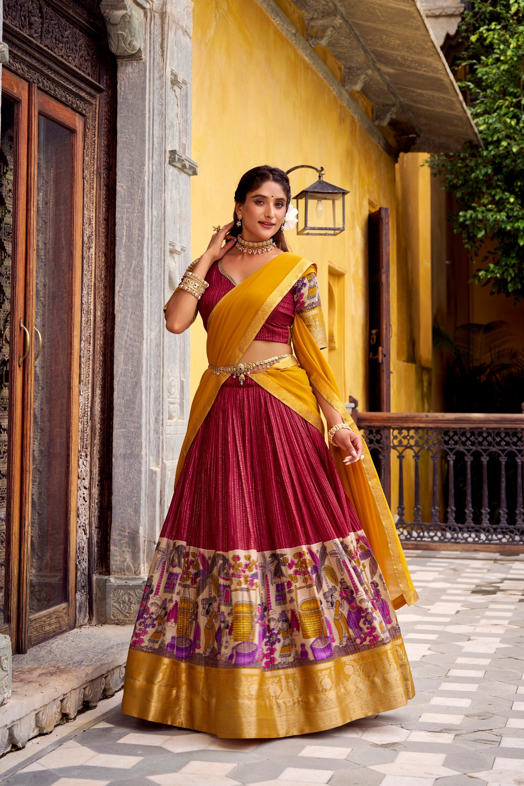 Red Kalamkari Printed With Zari Weaving Work Lehenga Choli