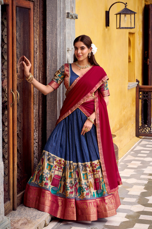 Navy Blue Kalamkari Printed With Zari Weaving Work Lehenga Choli