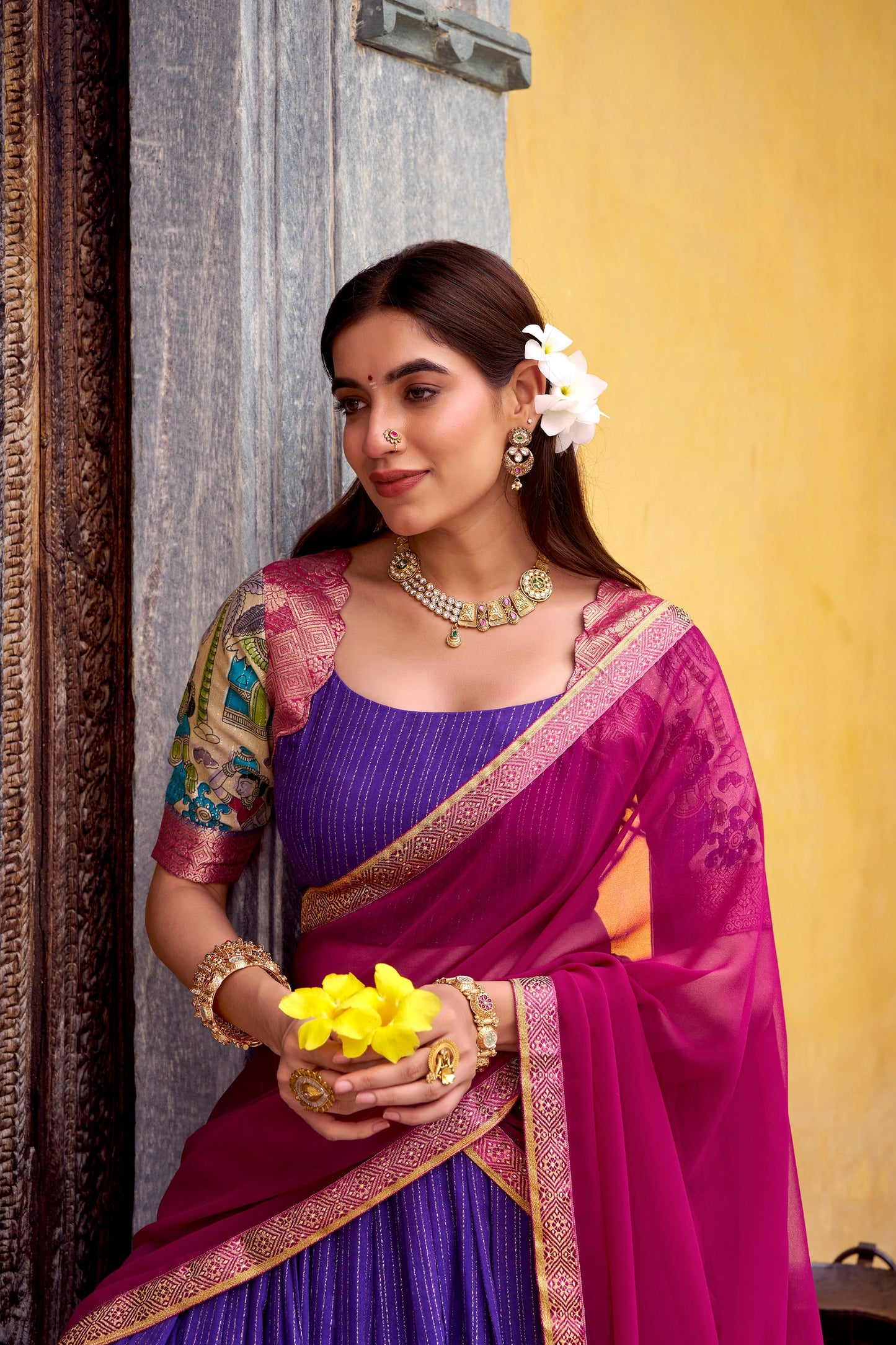 Purple Kalamkari Printed With Zari Weaving Work Lehenga Choli