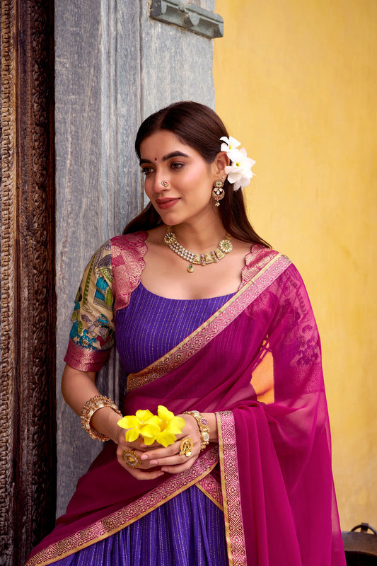 Purple Kalamkari Printed With Zari Weaving Work Lehenga Choli