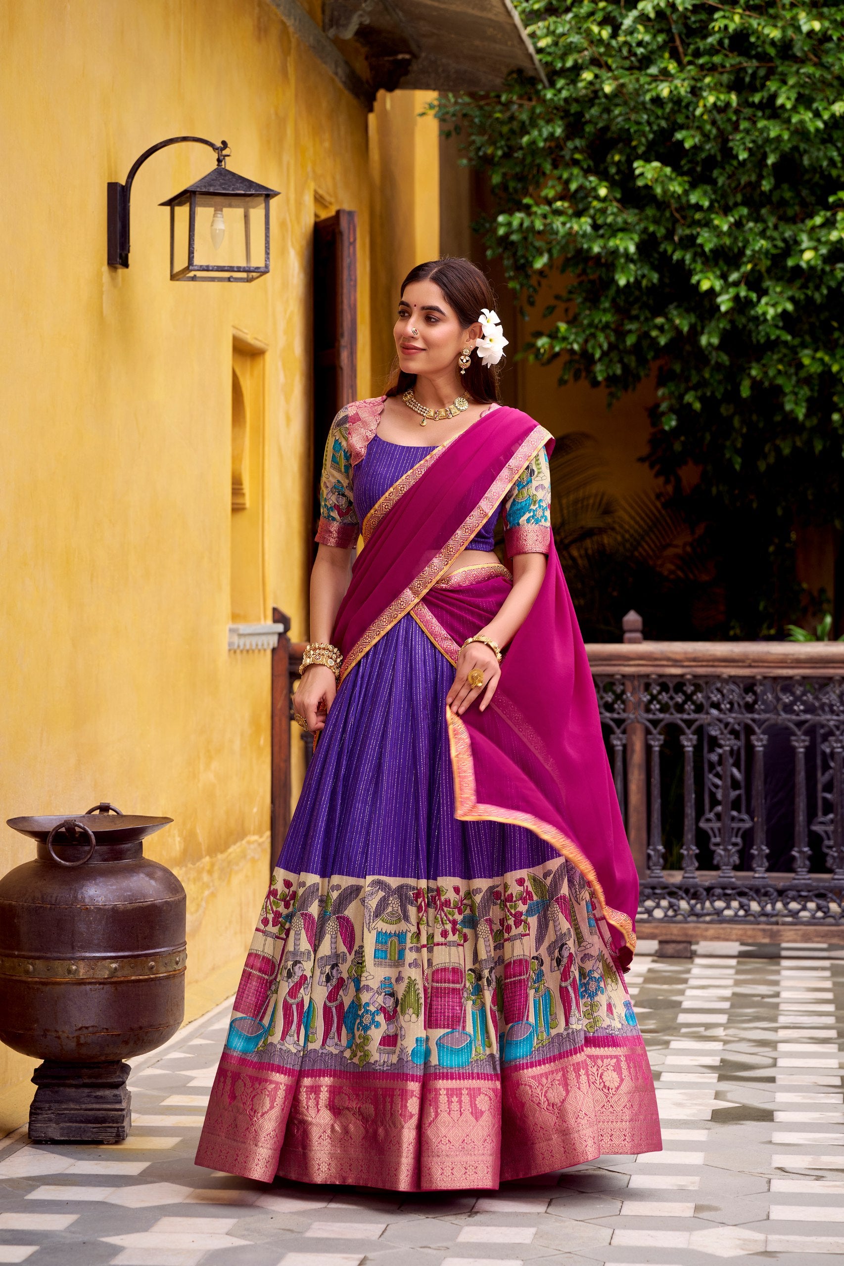 Purple Kalamkari Printed With Zari Weaving Work Lehenga Choli