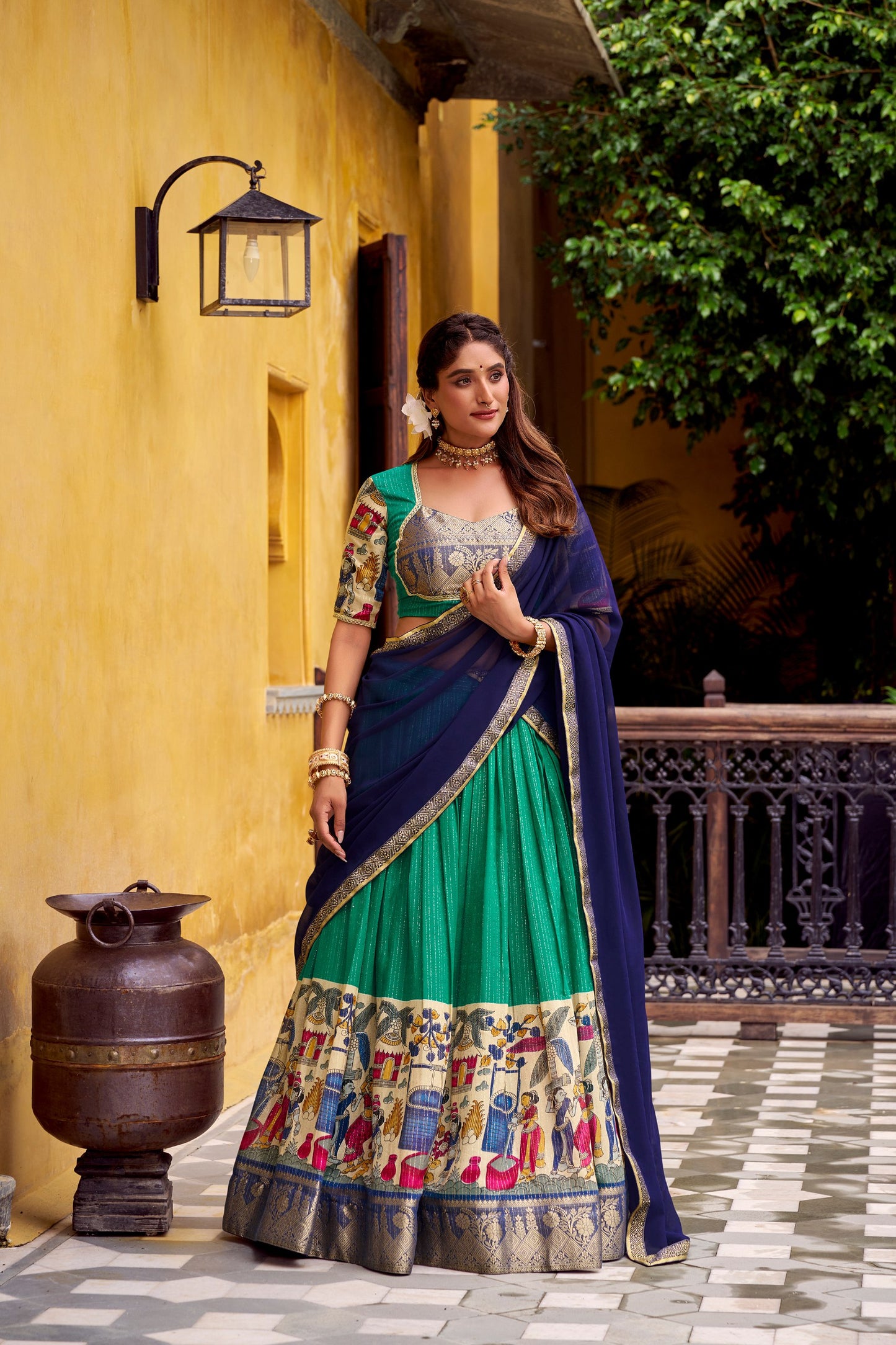 Bee Green Kalamkari Printed With Zari Weaving Work Lehenga Choli