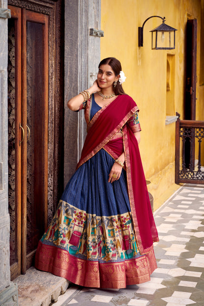 Navy Blue Kalamkari Printed With Zari Weaving Work Lehenga Choli