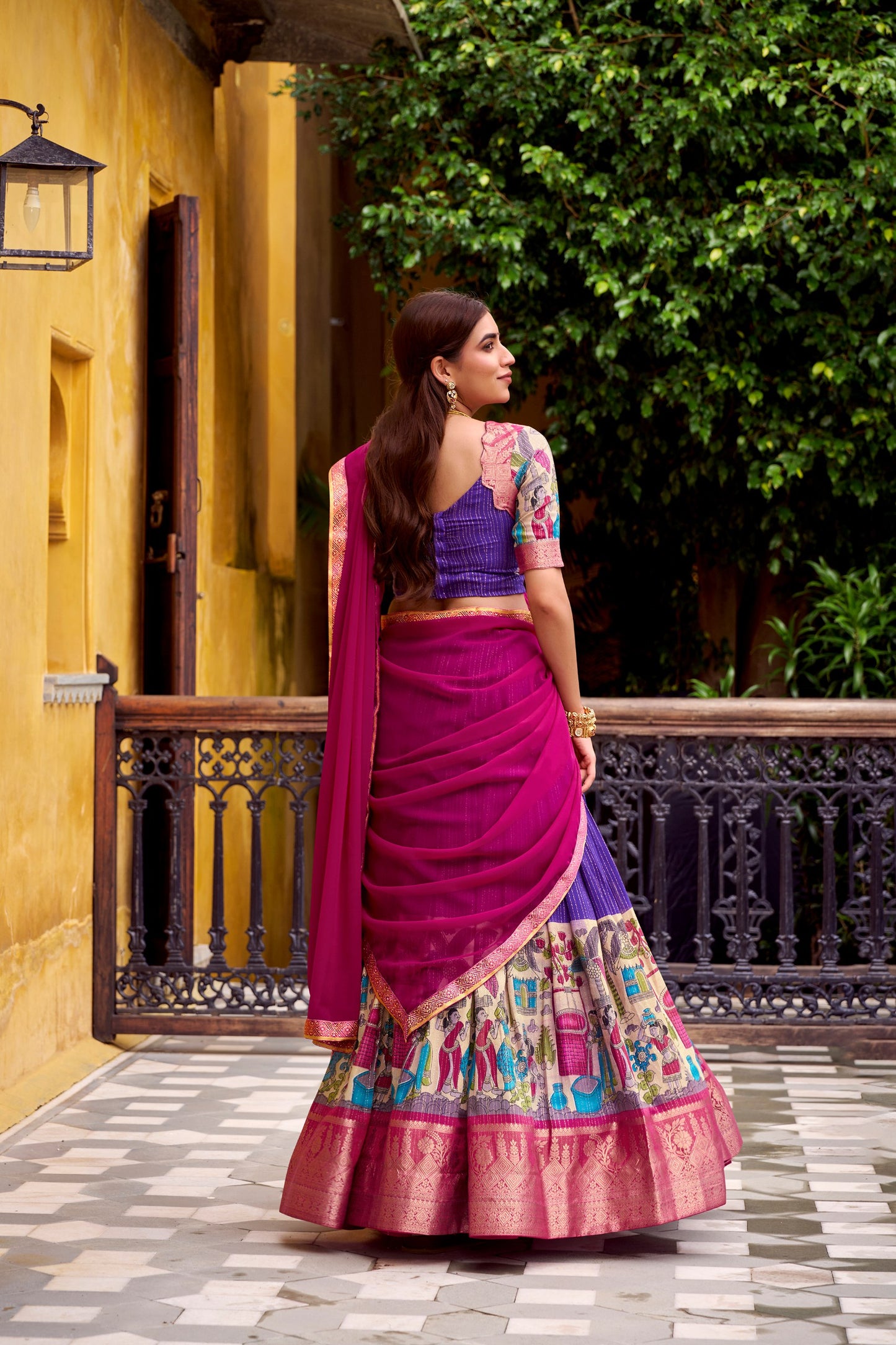 Purple Kalamkari Printed With Zari Weaving Work Lehenga Choli