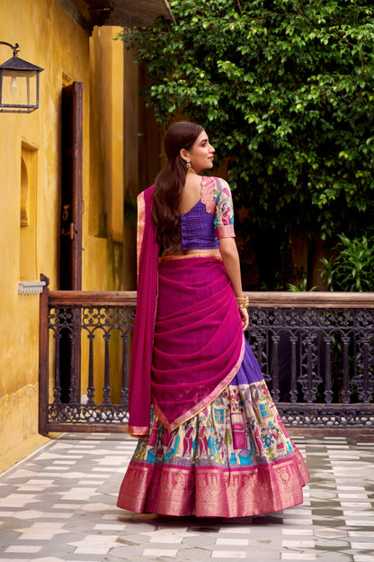 Purple Kalamkari Printed With Zari Weaving Work Lehenga Choli